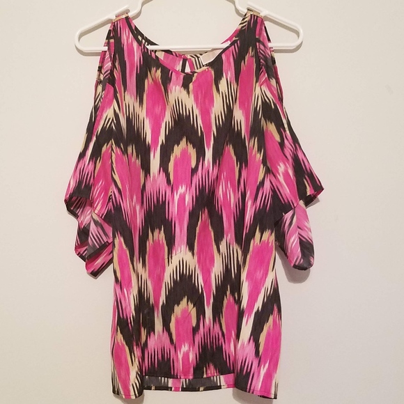 MICHAEL Michael Kors Tops - Michael Kors Pink and Black Cold Shoulder Blouse MICHAEL Michael Kors Tops - Michael Kors Pink and Black Cold Shoulder Blouse